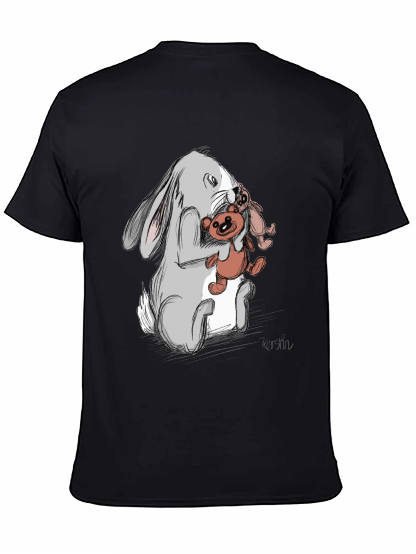 Rabbit Hugging Teddy Bear Graphic Tee - Black