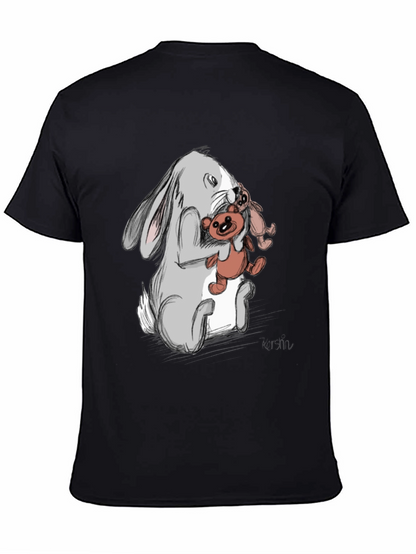 Rabbit Hugging Teddy Bear Graphic Tee - Black