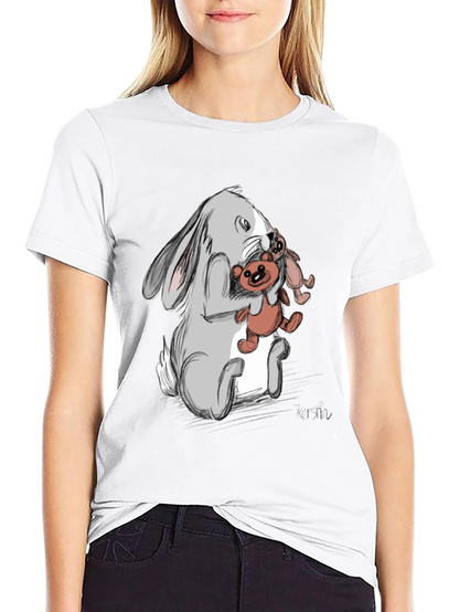 Rabbit Hugging Teddy Bear Graphic Tee - Black