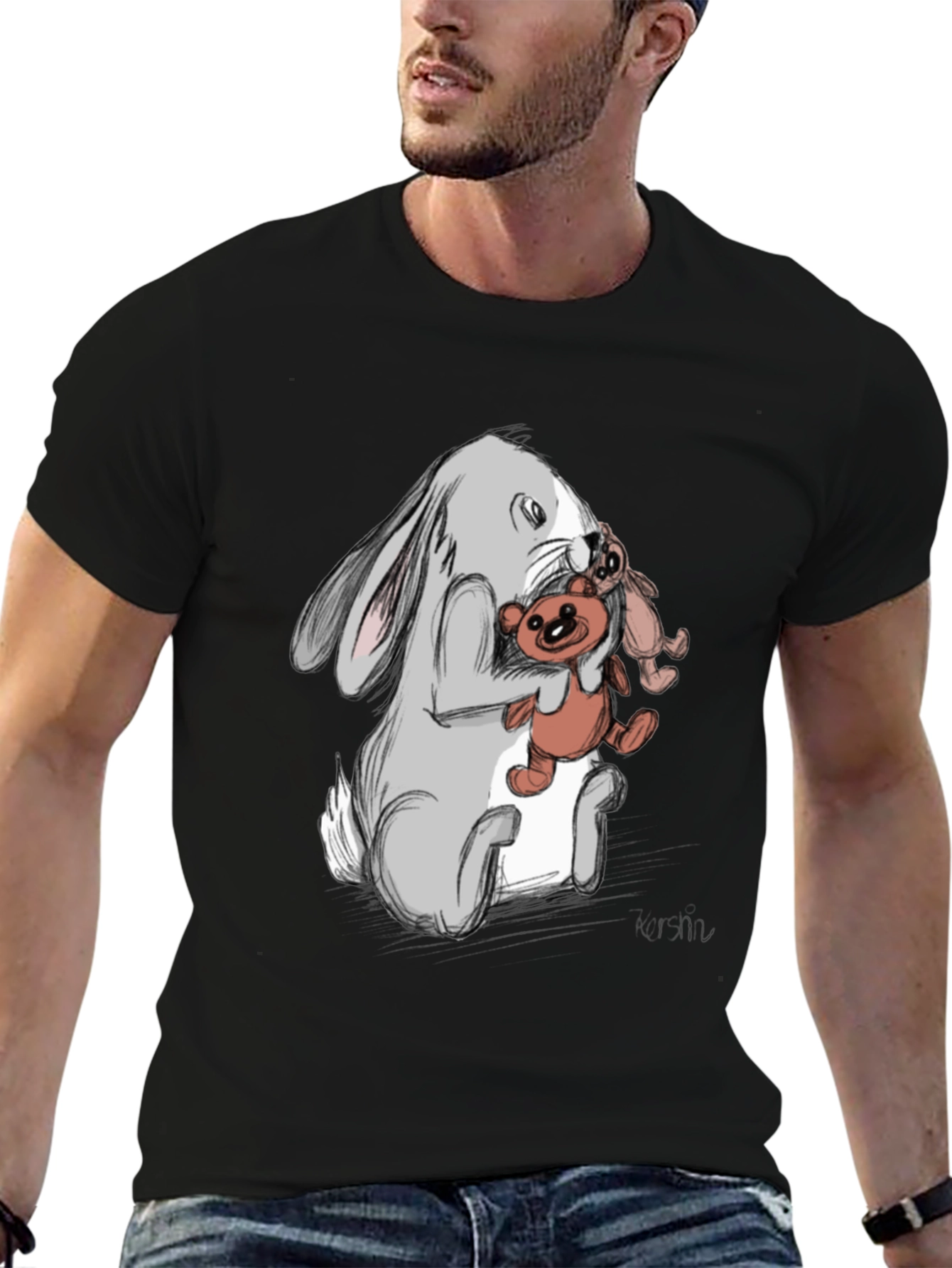 Rabbit Hugging Teddy Bear Graphic Tee - Black