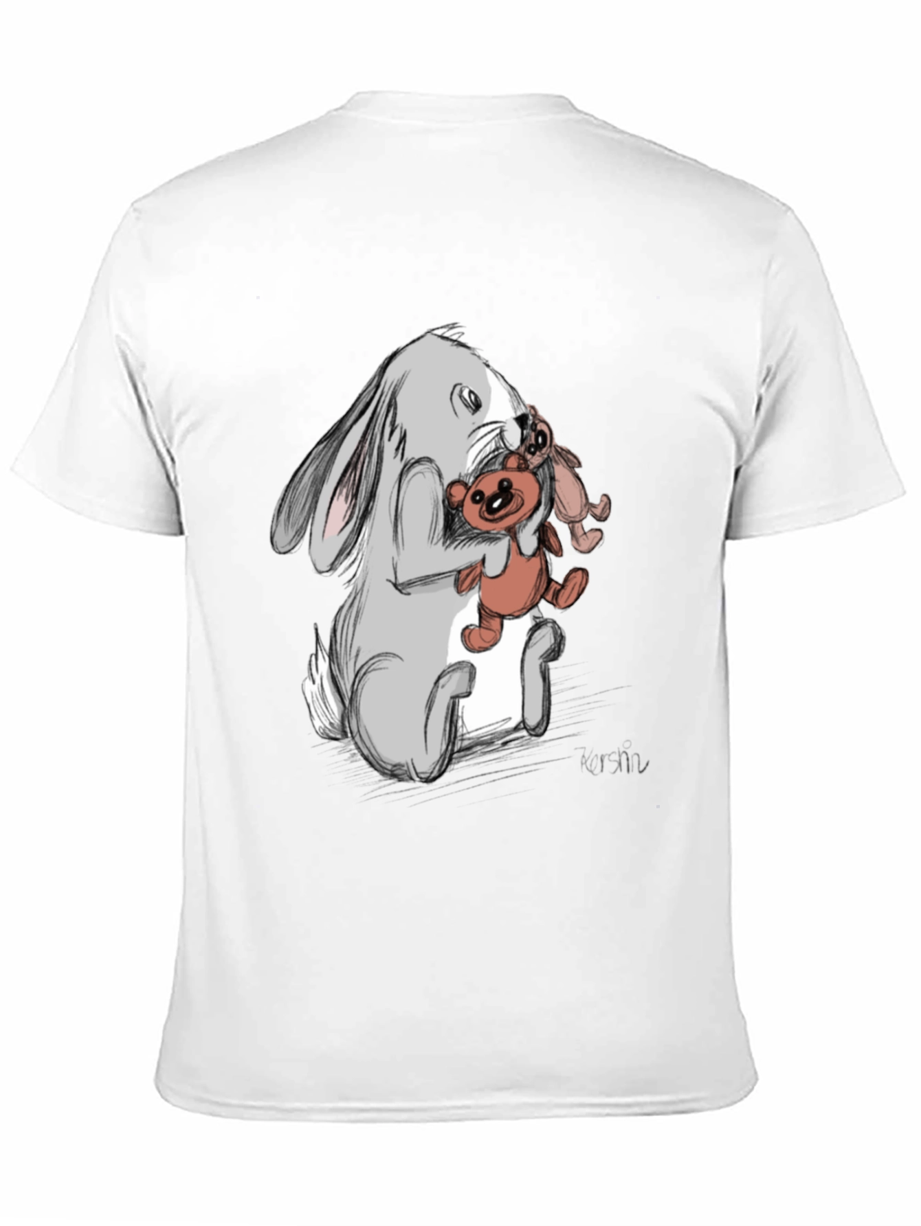 Rabbit Hugging Teddy Bear Graphic Tee - Black