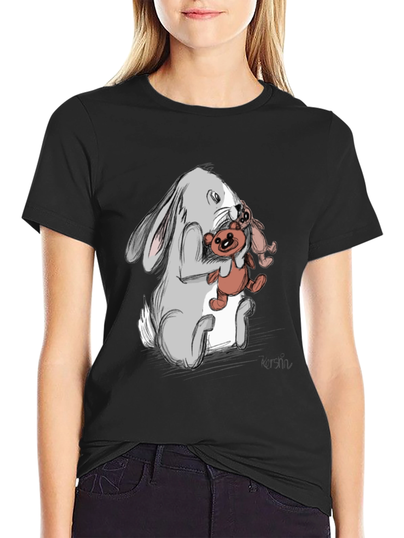 Rabbit Hugging Teddy Bear Graphic Tee - Black