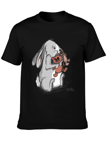 Rabbit Hugging Teddy Bear Graphic Tee - Black