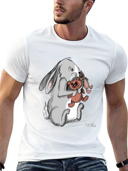Rabbit Hugging Teddy Bear Graphic Tee - Black