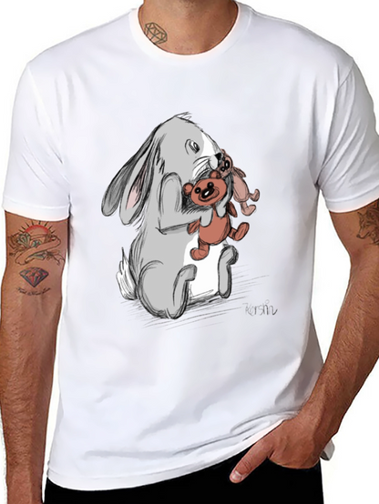 Rabbit Hugging Teddy Bear Graphic Tee - Black
