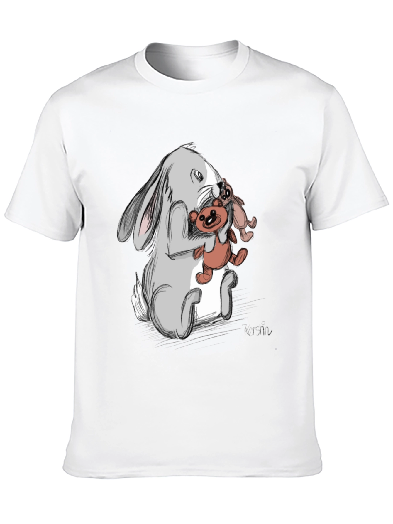 Rabbit Hugging Teddy Bear Graphic Tee - Black