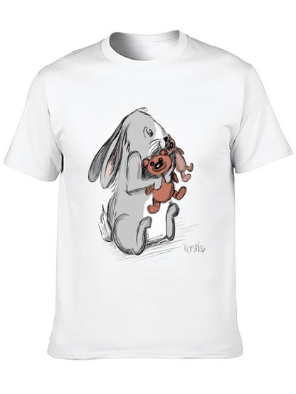 Rabbit Hugging Teddy Bear Graphic Tee - Black