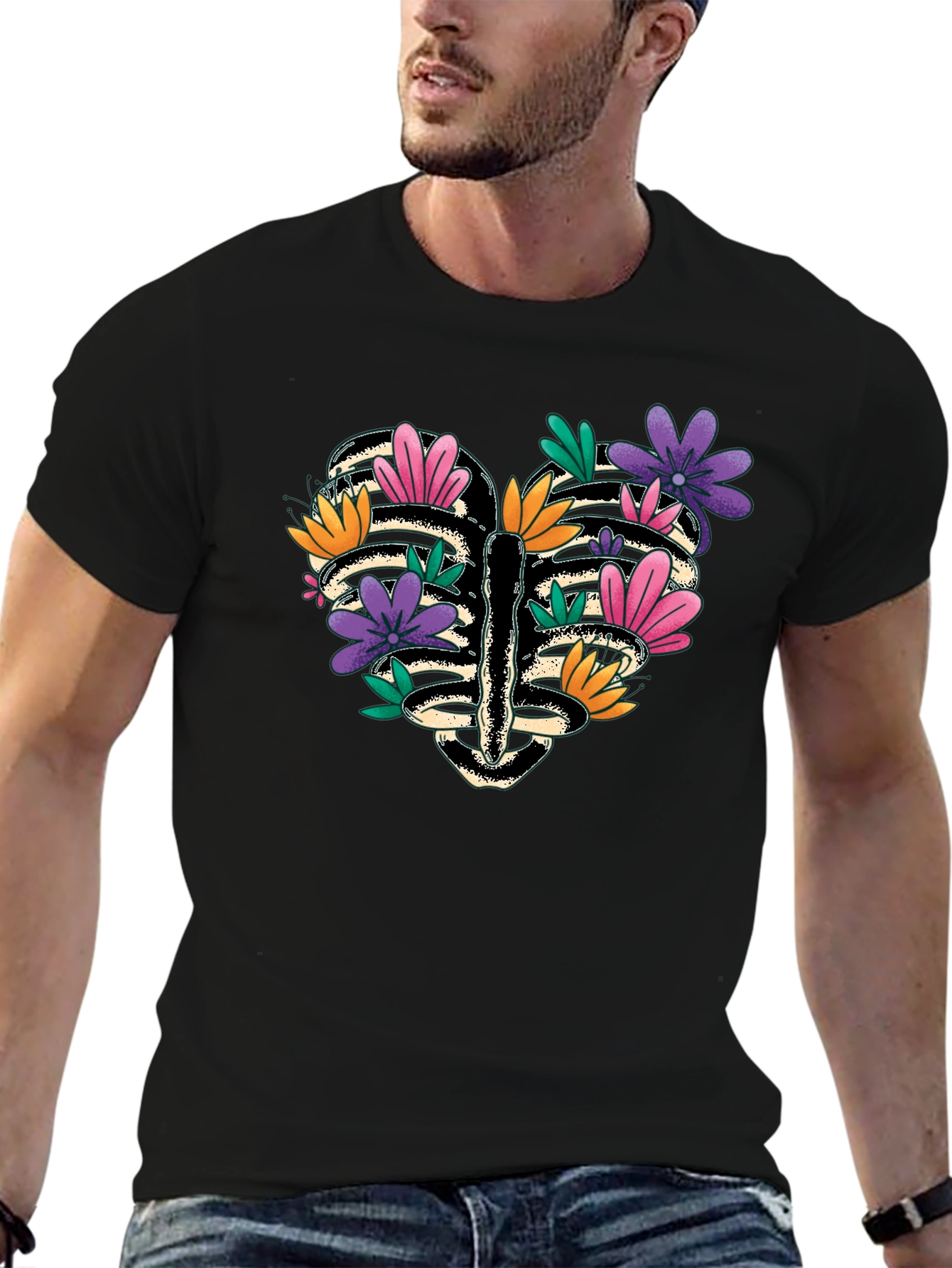 Floral Heart Rib Cage Graphic Tee - Black