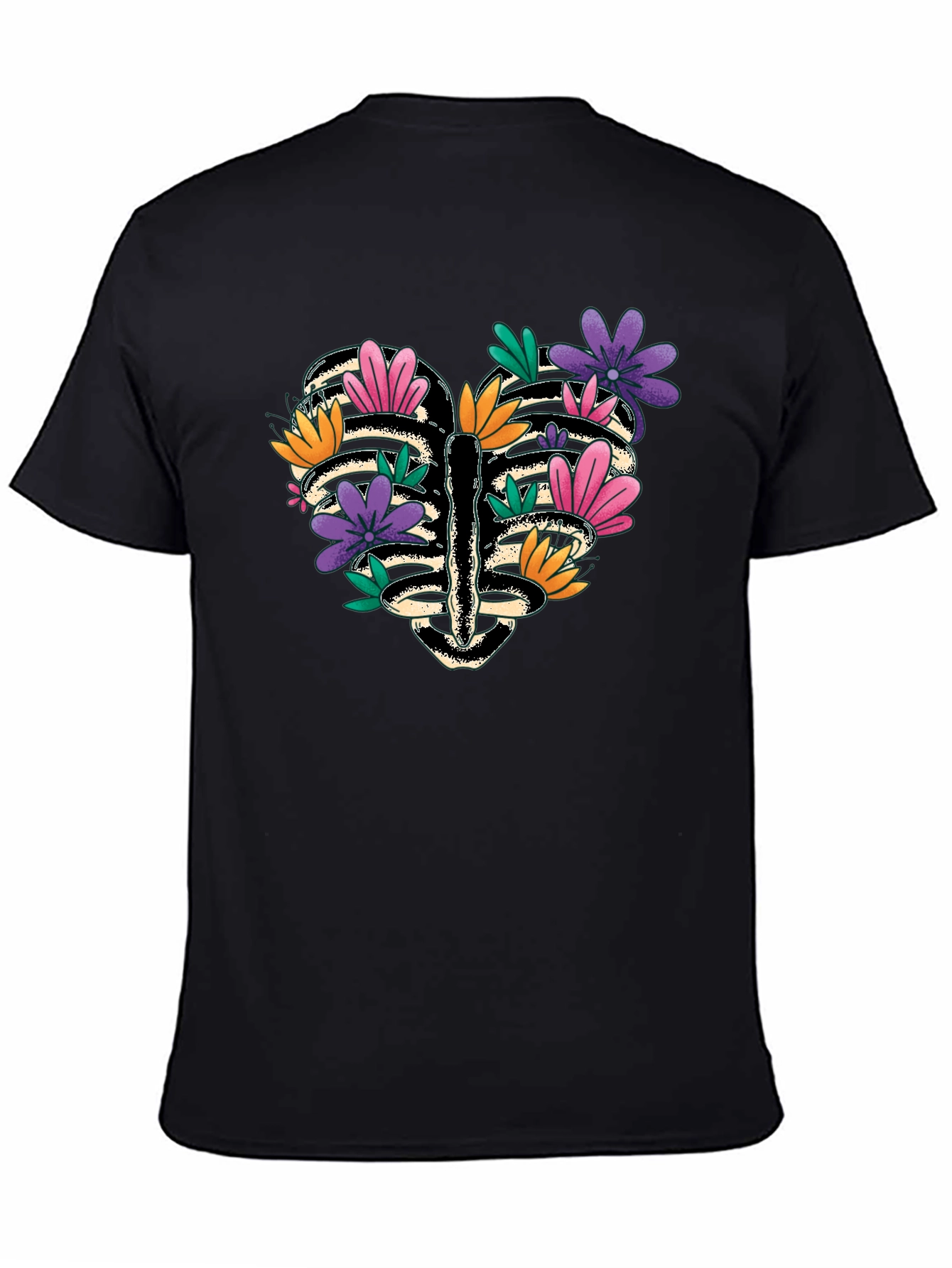 Floral Heart Rib Cage Graphic Tee - Black