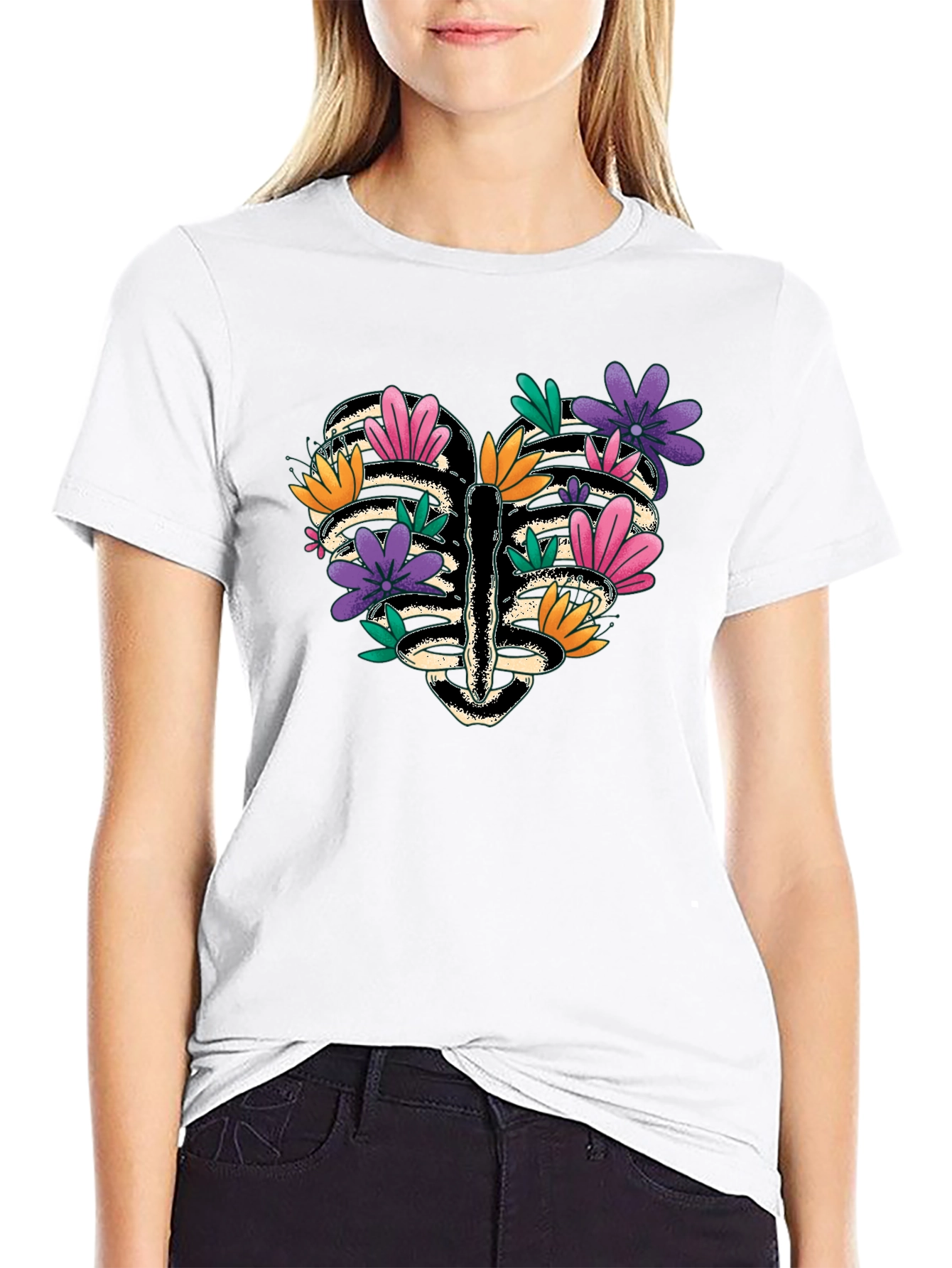 Floral Heart Rib Cage Graphic Tee - Black