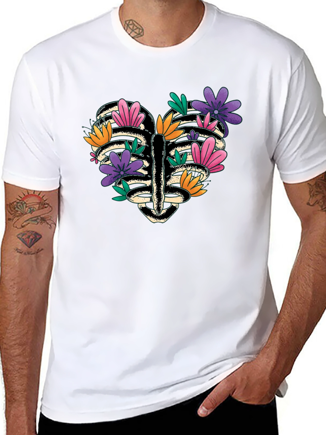 Floral Heart Rib Cage Graphic Tee - Black