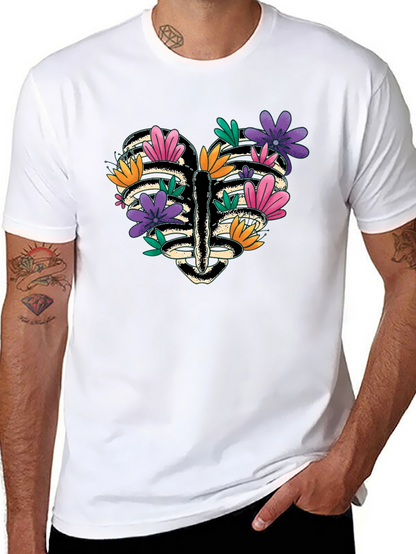 Floral Heart Rib Cage Graphic Tee - Black
