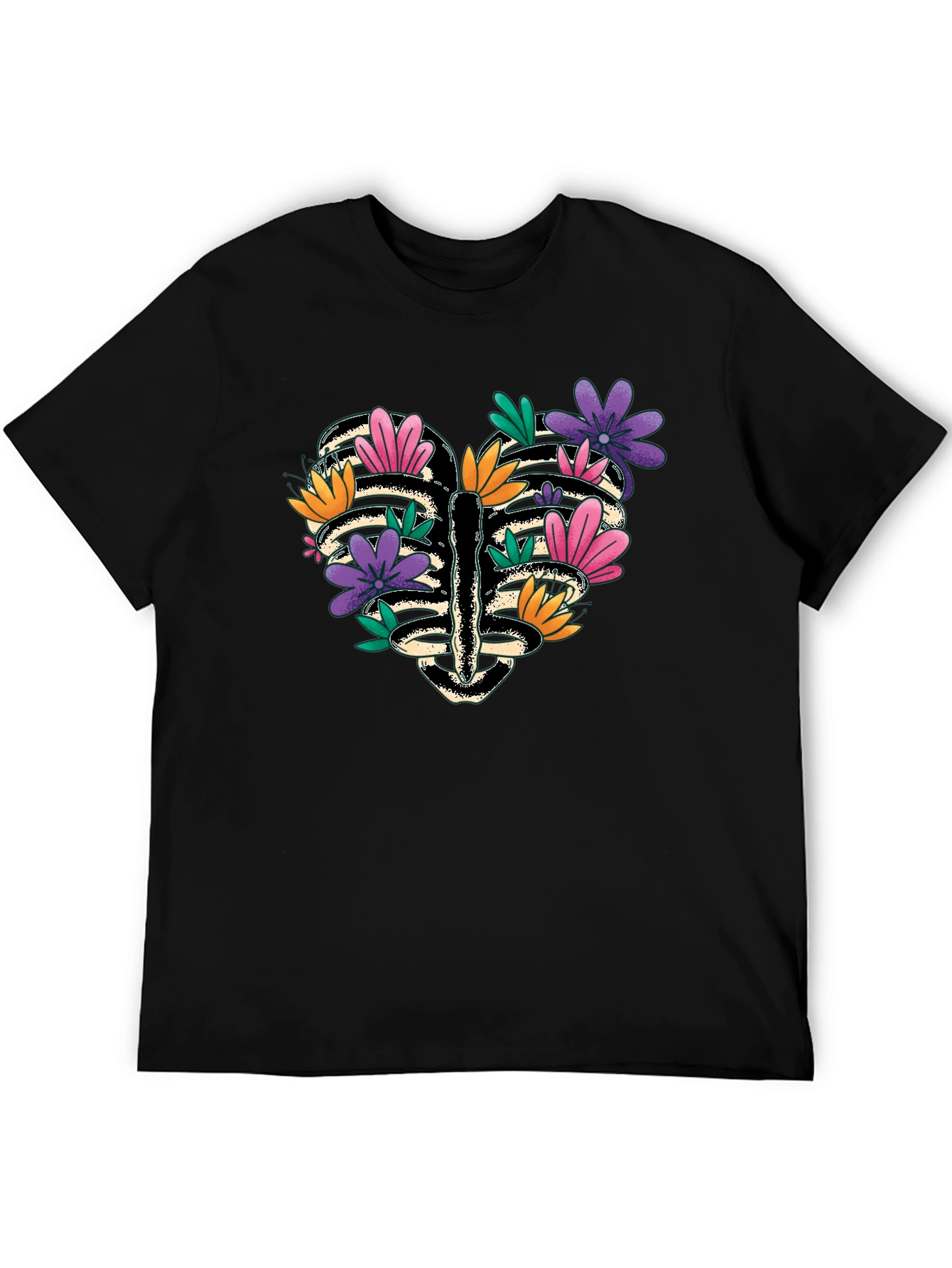 Floral Heart Rib Cage Graphic Tee - Black