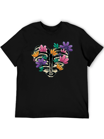 Floral Heart Rib Cage Graphic Tee - Black