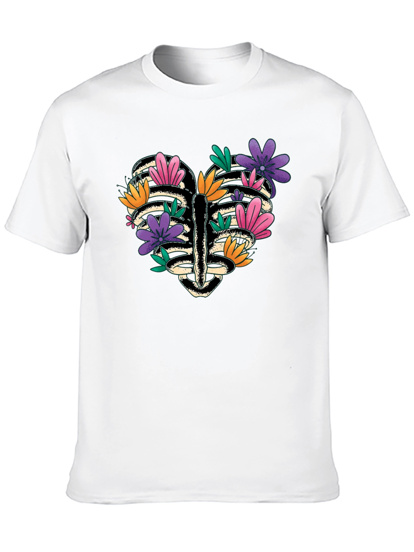 Floral Heart Rib Cage Graphic Tee - Black