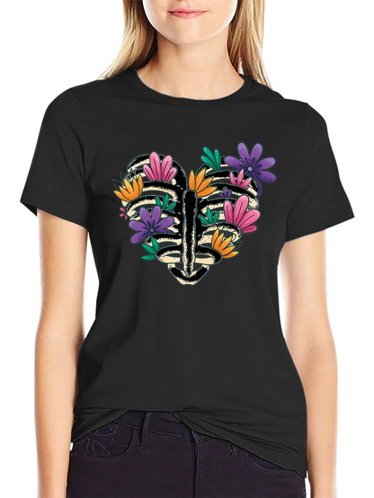 Floral Heart Rib Cage Graphic Tee - Black