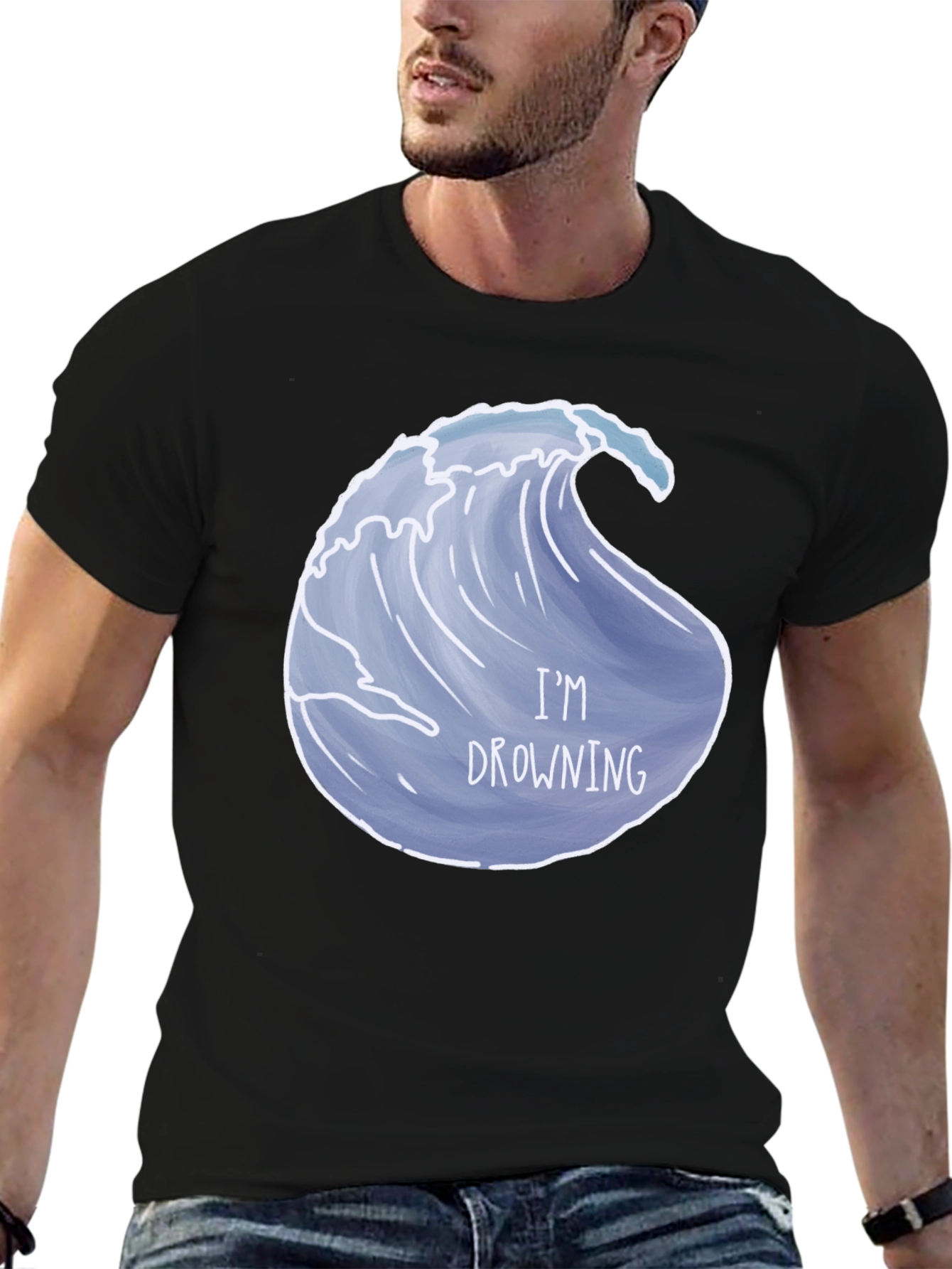 Drowning Wave Graphic Tee - Black Cotton T-Shirt
