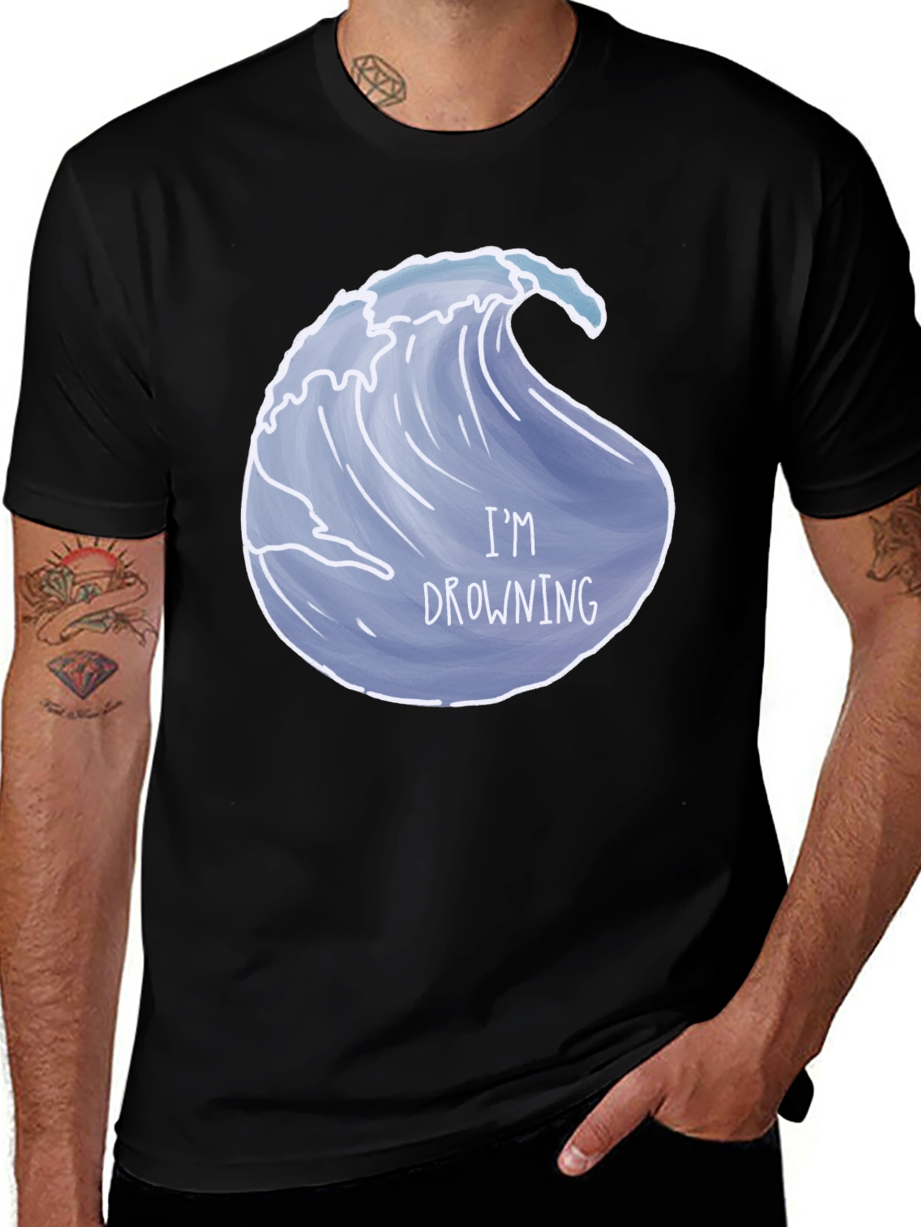 Drowning Wave Graphic Tee - Black Cotton T-Shirt