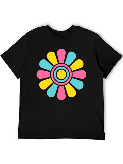 Retro Flower Power T-Shirt - Black Cotton Blend