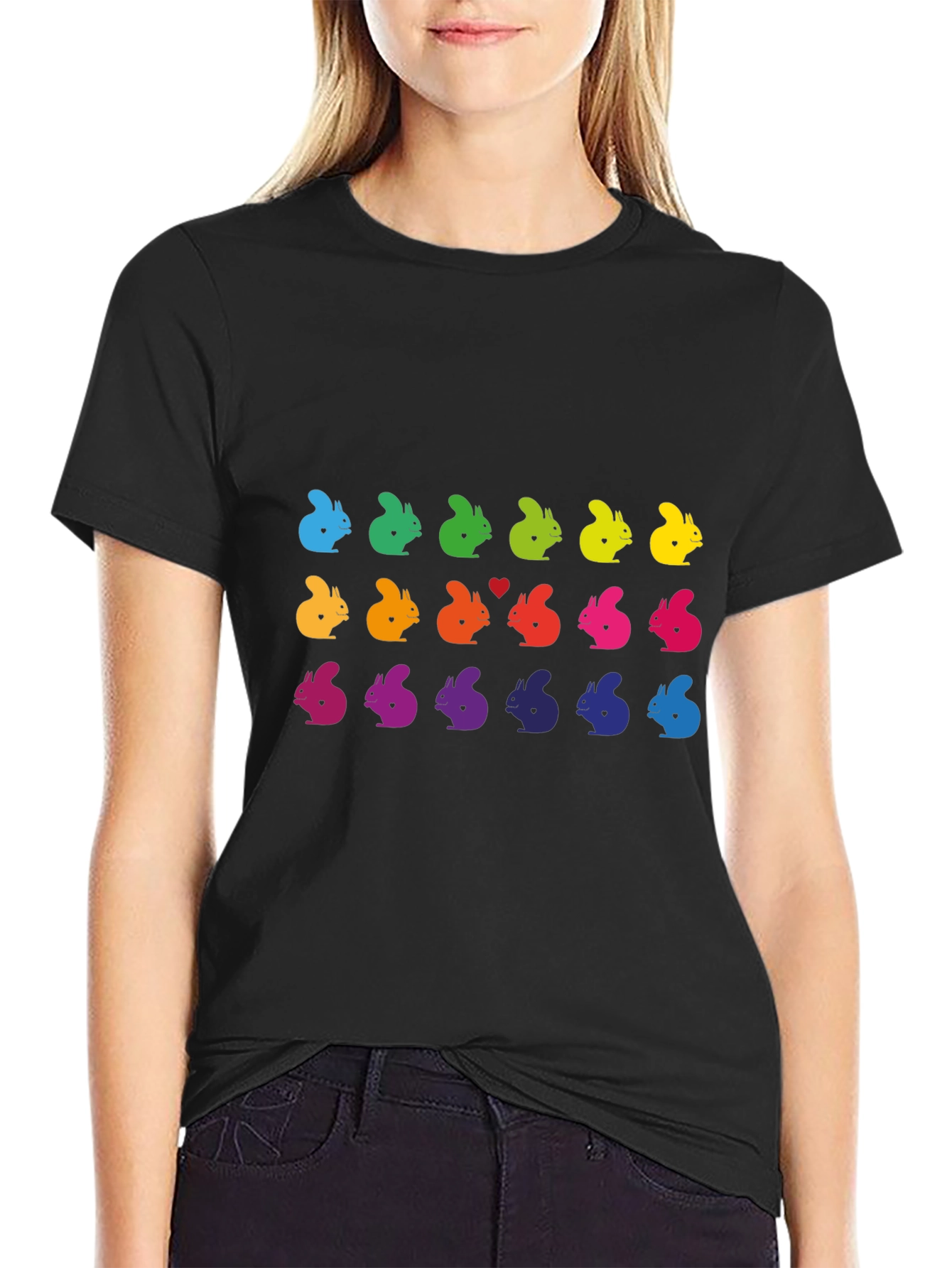 Rainbow Squirrel Pattern Black T-Shirt