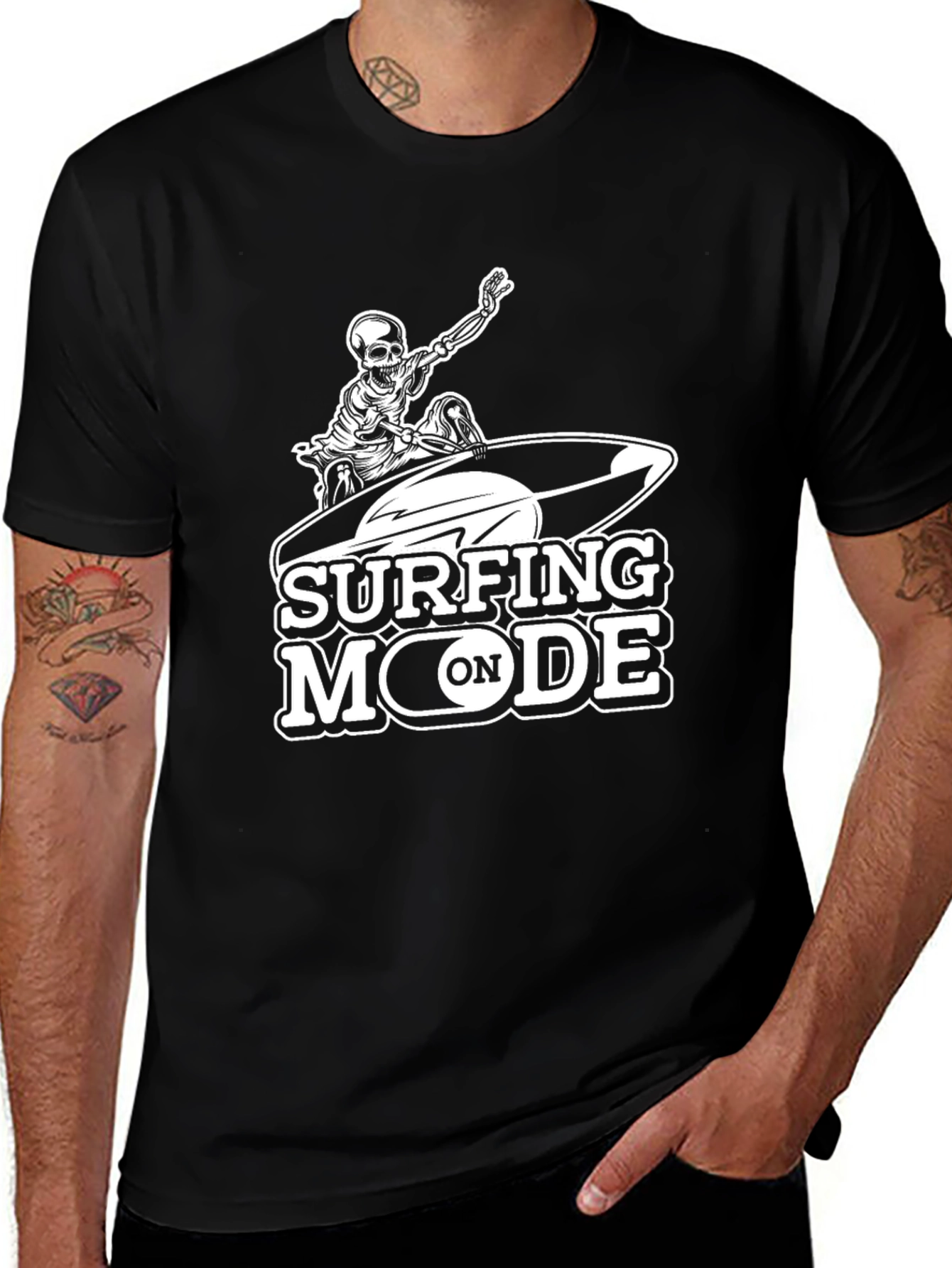 Surfing Mode Skeleton Graphic Black T-Shirt
