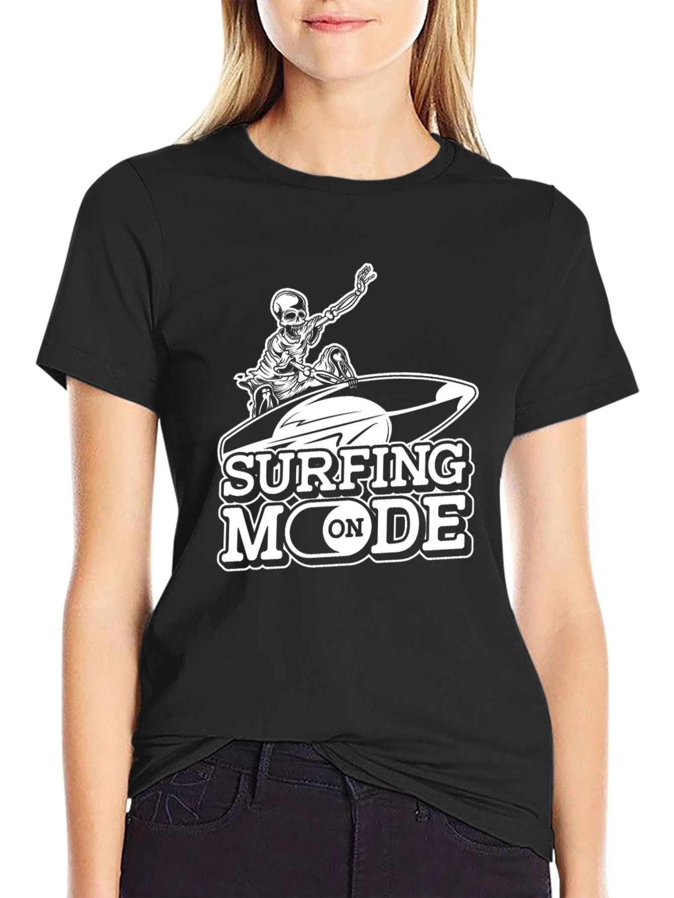 Surfing Mode Skeleton Graphic Black T-Shirt