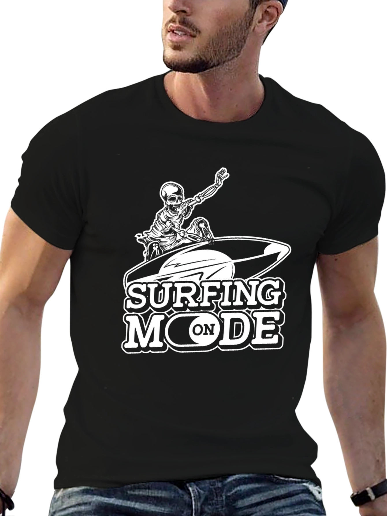 Surfing Mode Skeleton Graphic Black T-Shirt