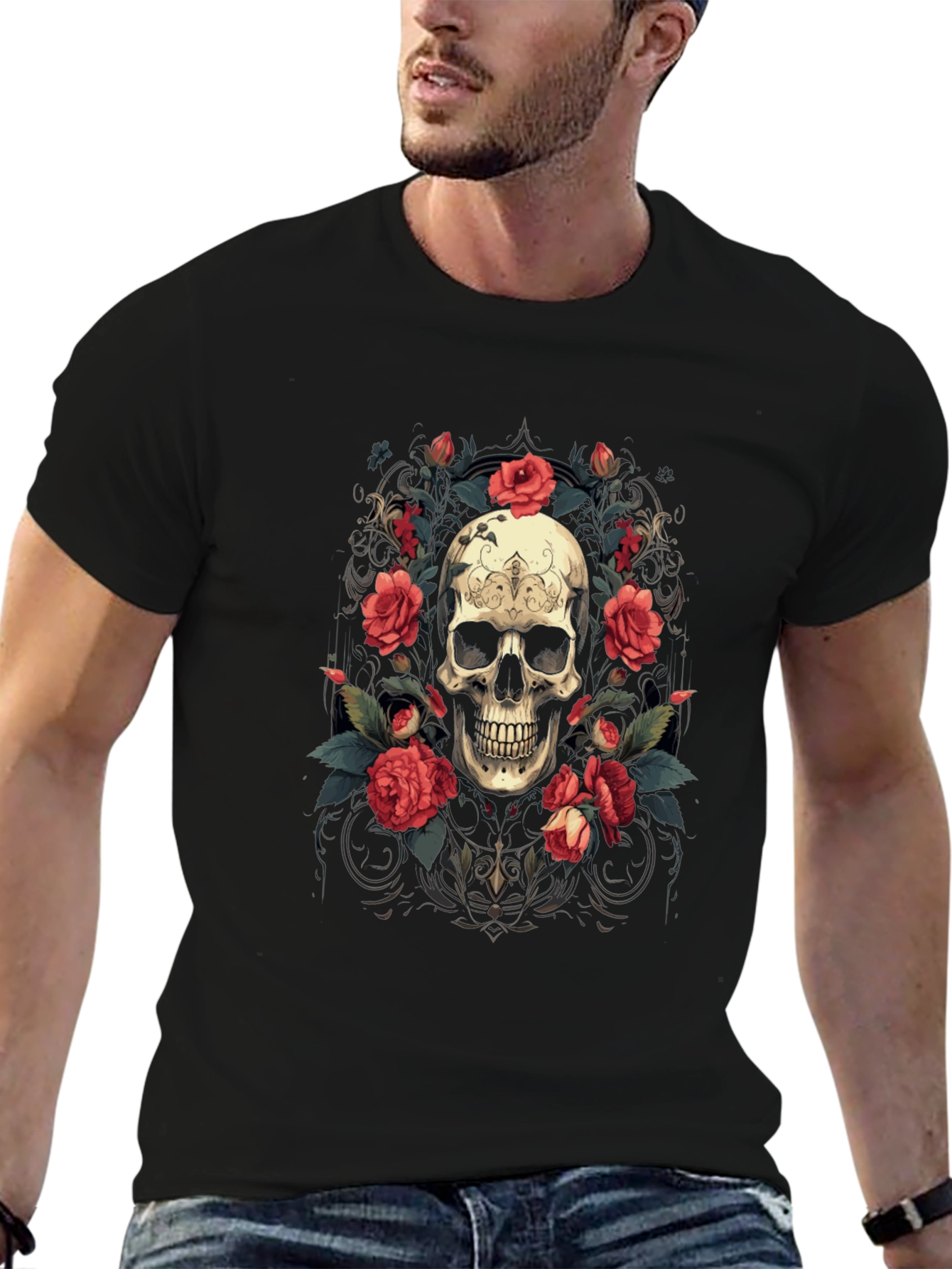 Skull & Roses Graphic Tee - Stylish Gothic Apparel