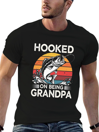 Hooked on Being Grandpa Black Graphic T-Shirt