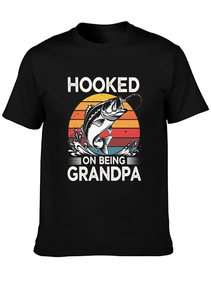 Hooked on Being Grandpa Black Graphic T-Shirt