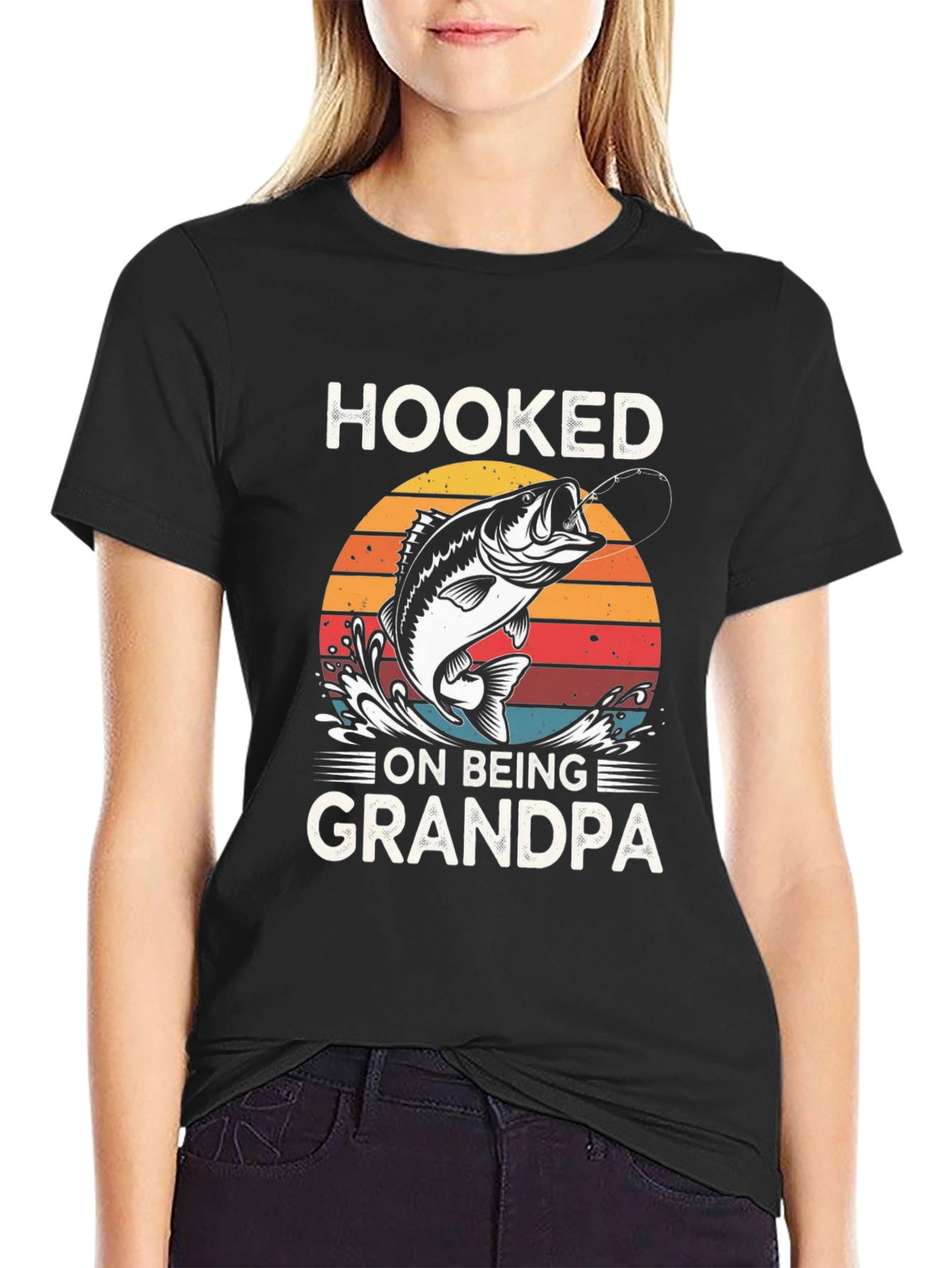Hooked on Being Grandpa Black Graphic T-Shirt