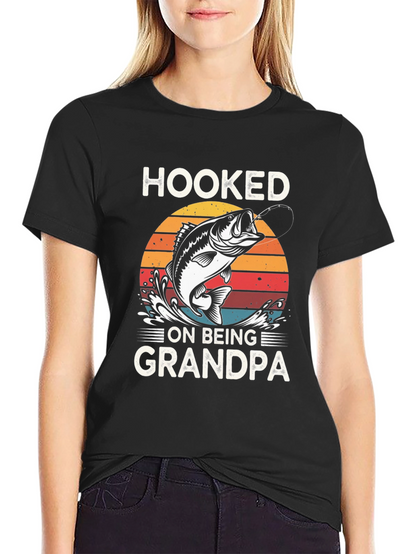 Hooked on Being Grandpa Black Graphic T-Shirt