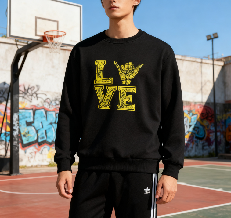 Streetwear-Inspired LOVE Hand Sign Sweatshirt – Black & Yellow Statement Piece