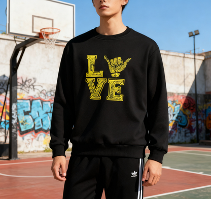 Streetwear-Inspired LOVE Hand Sign Sweatshirt – Black & Yellow Statement Piece