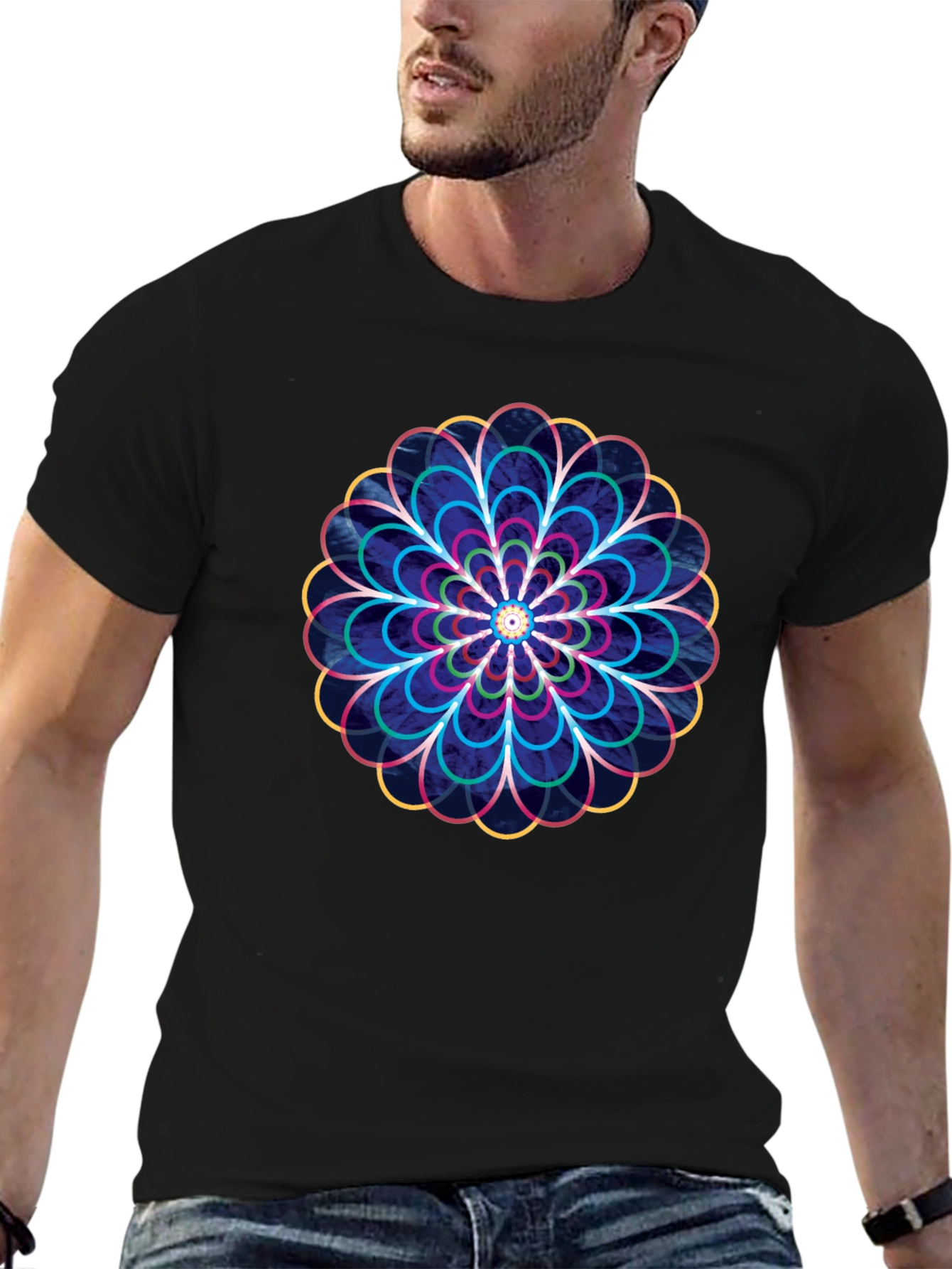 Geometric Floral Graphic Print T-Shirt - Black