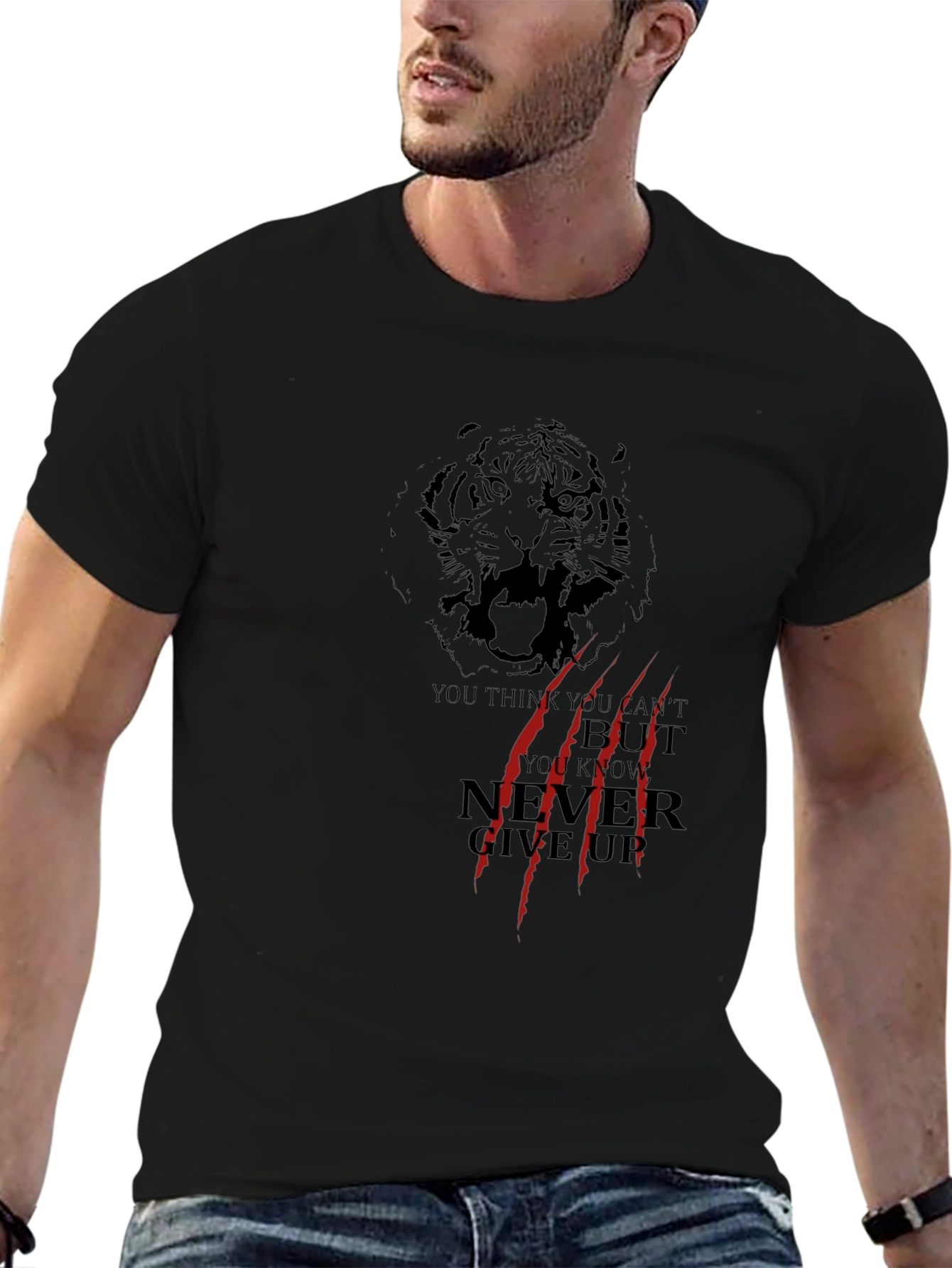 Tiger Graphic Black T-Shirt - Never Give Up