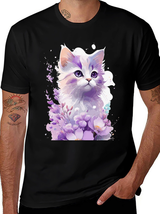 Watercolor Kitten & Floral Graphic T-Shirt