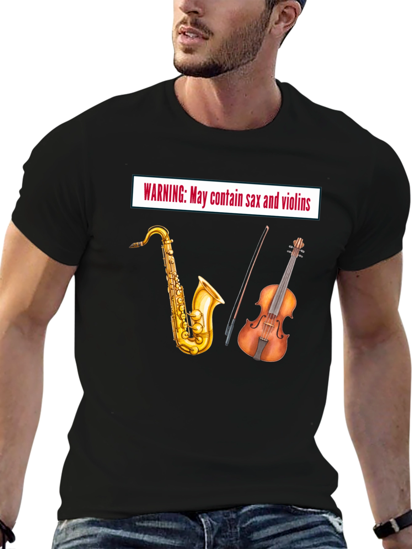 Warning: May Contain Sax & Violins - Black T-Shirt