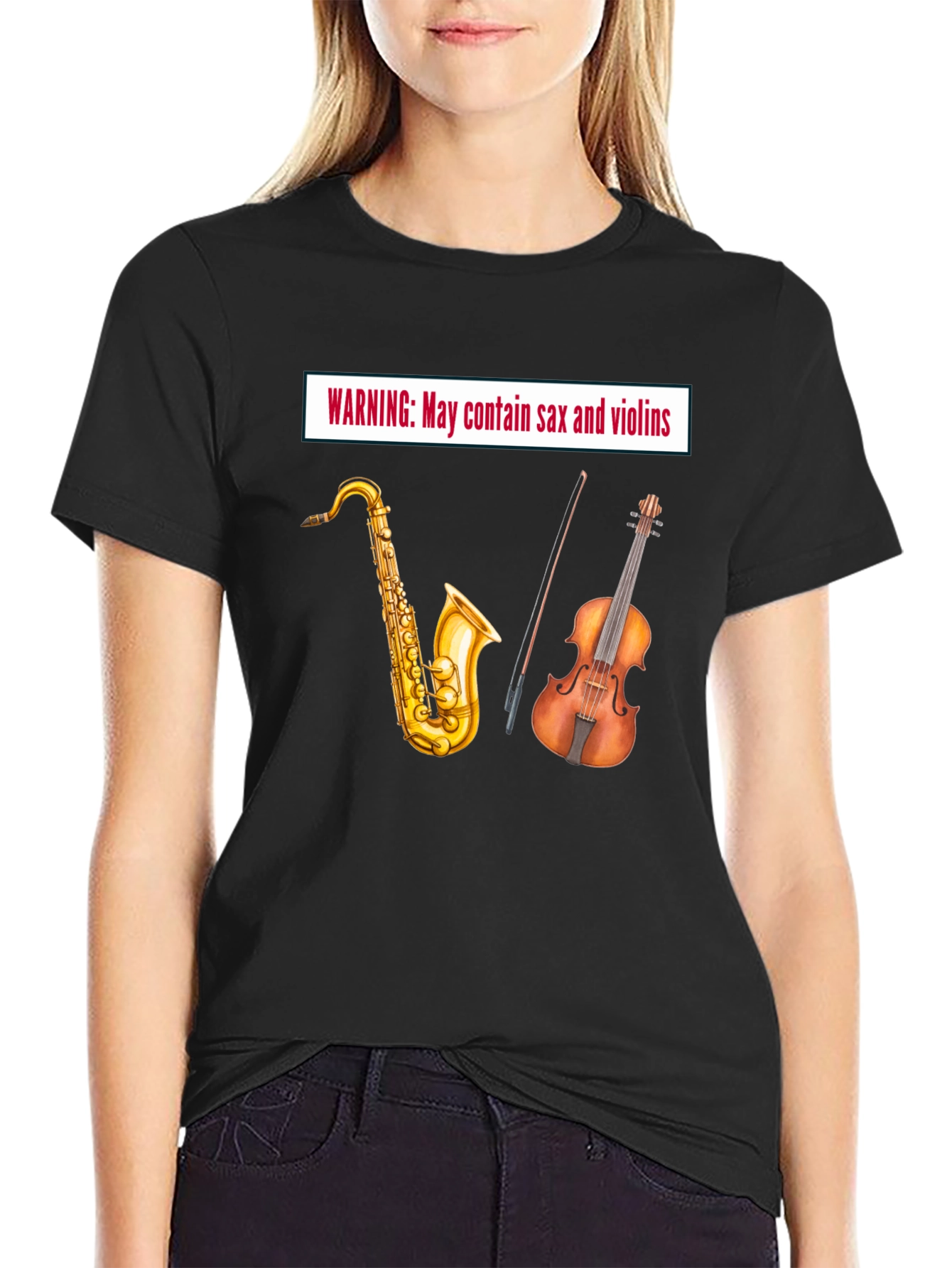 Warning: May Contain Sax & Violins - Black T-Shirt