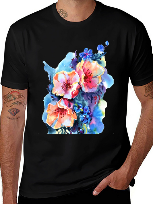 Floral Watercolor Graphic Tee - Black Cotton Casual Shirt