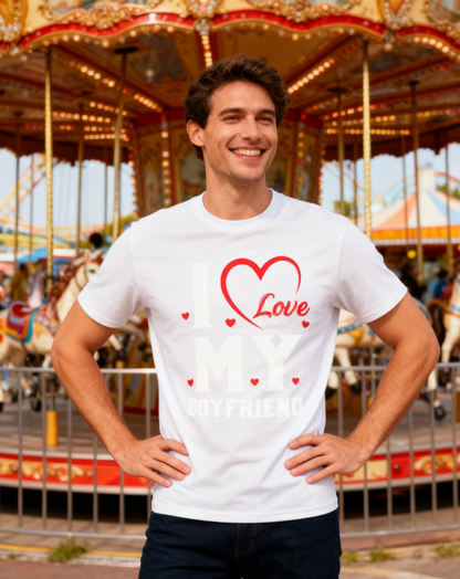 I Love My Boyfriend Heart T-Shirt - 100% Cotton, Romantic Casual Tee for Couples & Daily Occasions