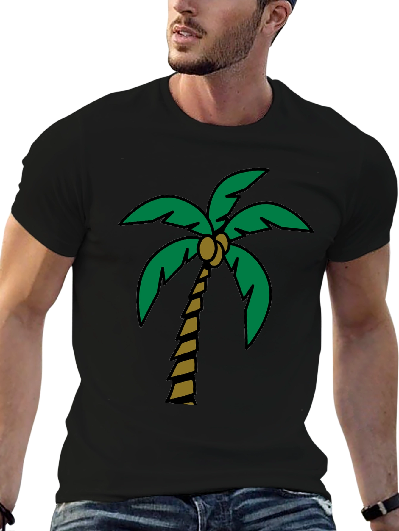 Tropical Palm Tree Graphic Tee - Black Cotton Blend