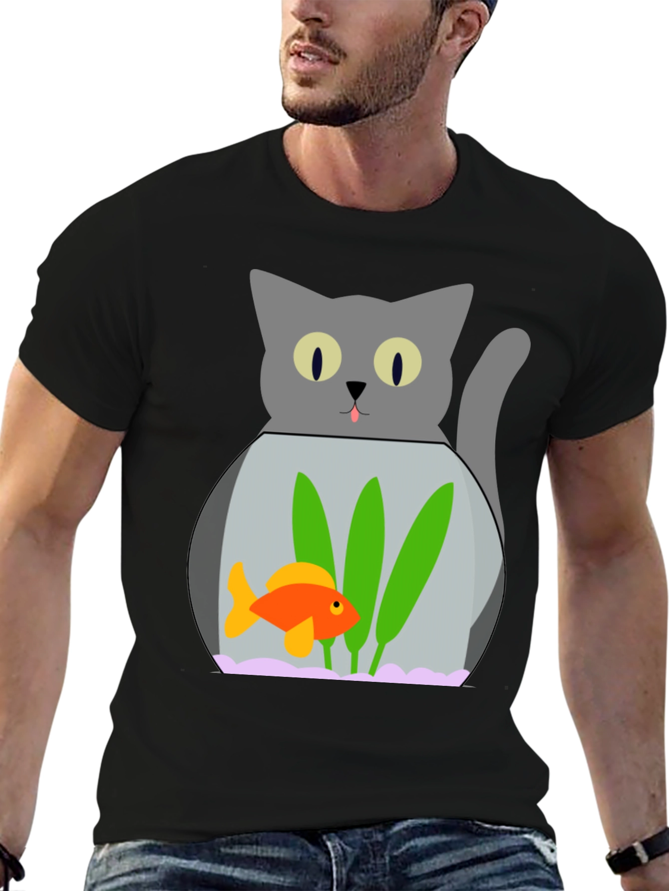 Cat & Goldfish Bowl Graphic T-Shirt - Novelty Tee