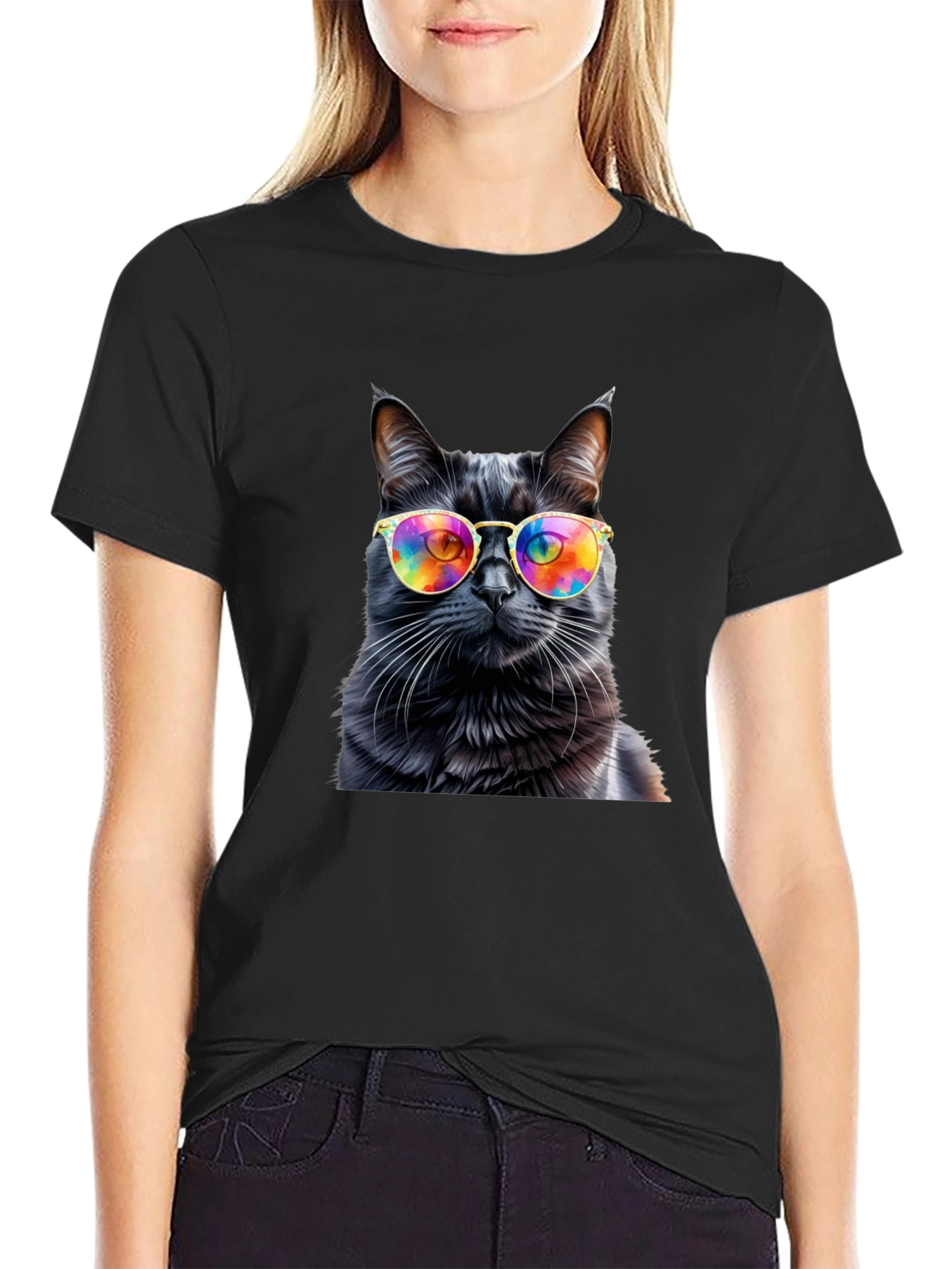 Cool Cat Tee - Rainbow Glasses Black Cat Shirt
