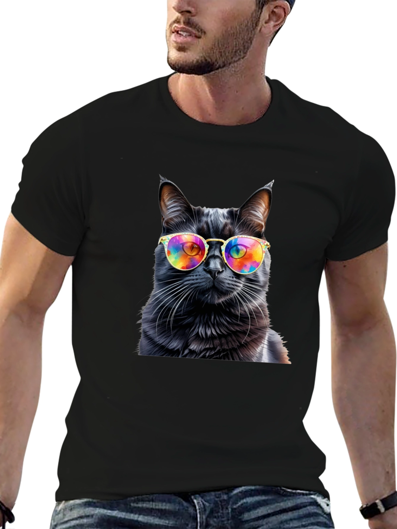 Cool Cat Tee - Rainbow Glasses Black Cat Shirt
