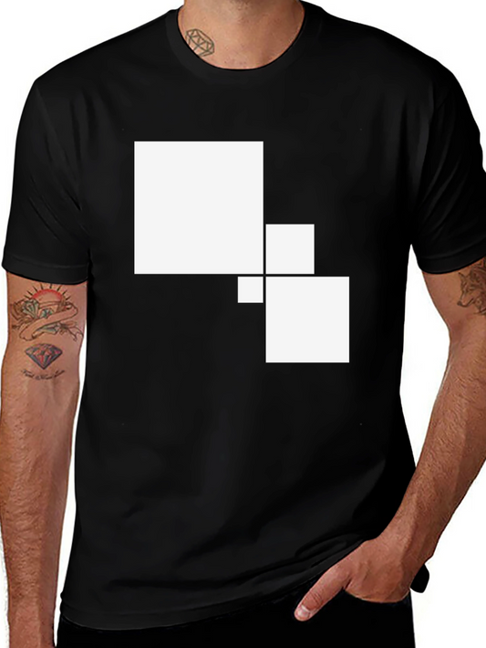 Modern Geometric Square Graphic Tee - Black Cotton Casual Shirt