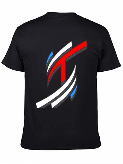 Abstract Red White Blue Graphic Black T-Shirt