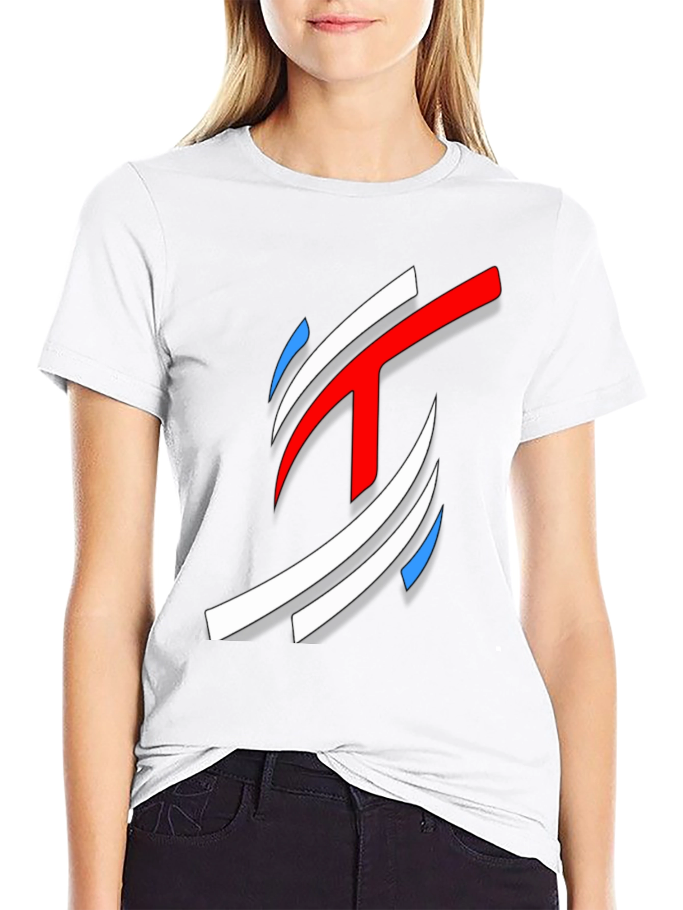 Abstract Red White Blue Graphic Black T-Shirt