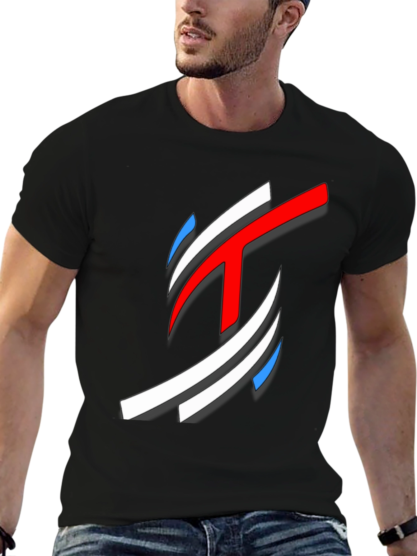 Abstract Red White Blue Graphic Black T-Shirt