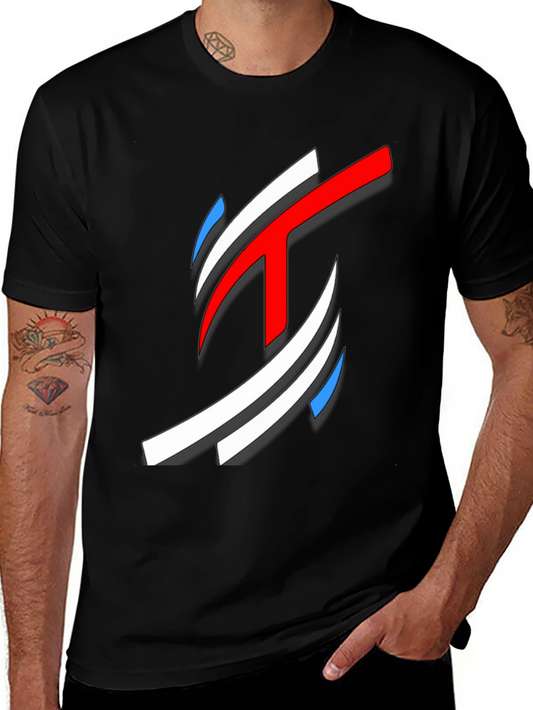 Abstract Red White Blue Graphic Black T-Shirt